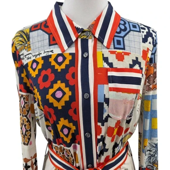 Tory Burch Womens L Silk Blend Laurence Scrapbook Belted Shirtdress - Picture 3 of 16